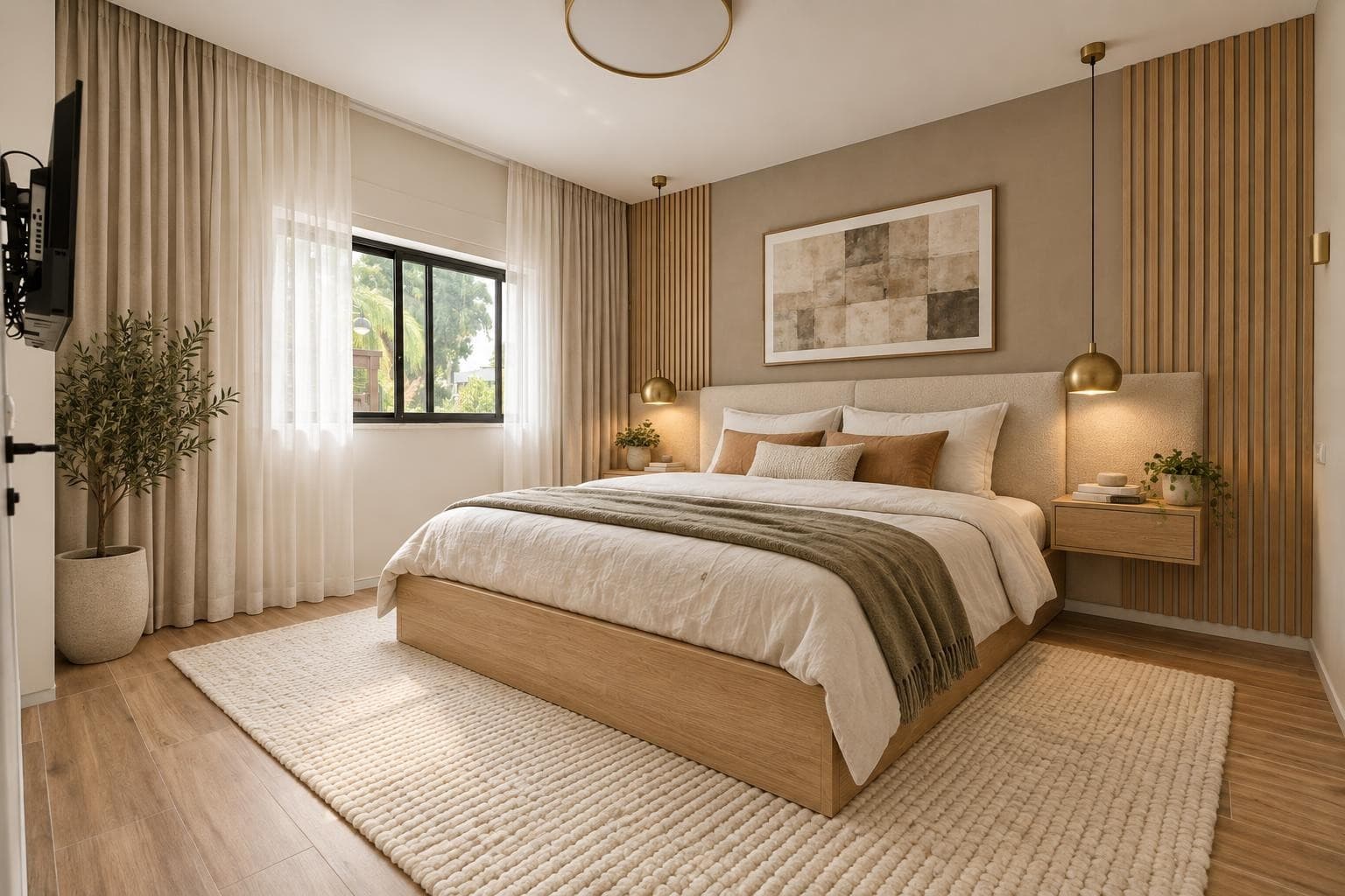 חדר שינה רגוע שעוצב ב־CASA: מיטת פשתן, קיר עץ ווילונות שקופים.